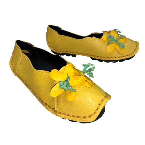 Socofy Retro Boho Leather Flats Slip-On Floral Shoes Yellow  Sz 41 or 9.5 US #n - Picture 1 of 11